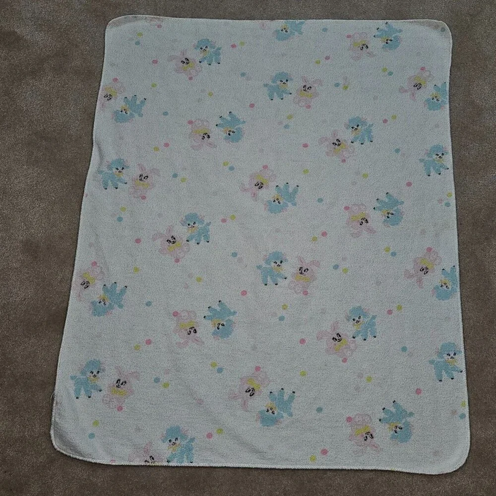 3 VTG Receiving Blankets Lot Blue Sheep Lambs Pink Bunny Rabbits Polka Dot